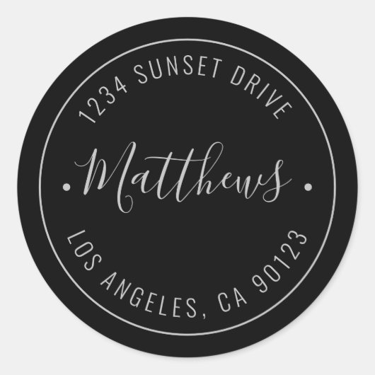 Stijlvolle naam en cirkeltekst | Zwart-grijs Ronde Sticker (Voorkant)