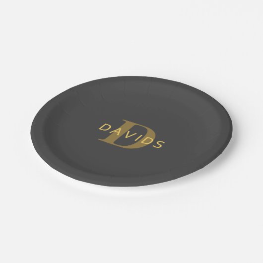 Stijlvolle naam en monogram | Goud en donkergrijs Papieren Bordje (Gekanteld)