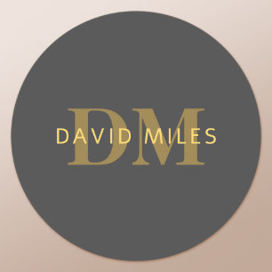 Stijlvolle naam en monogram   Goud en donkergrijs Ronde Sticker