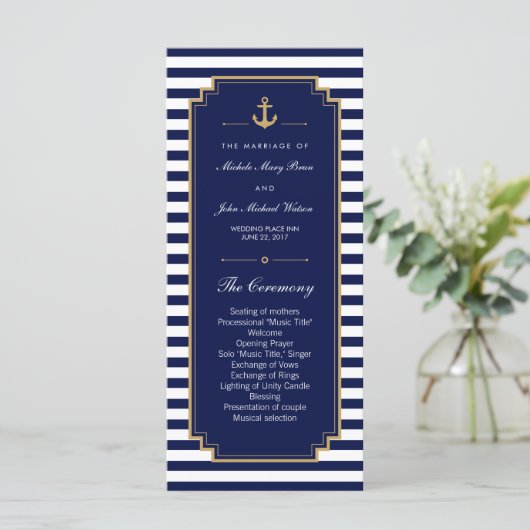 Stijlvolle Nautical Blue Wedding Program Rack Kaar Programma (Staand voorkant)