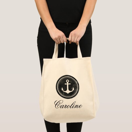 Stijlvolle nautische zwarte anker uw naam boodscha tote bag (Voorkant (product))