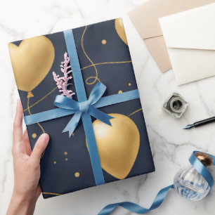 Stijlvolle Navy Blauwe & Gouden Ballonnen Verjaard Cadeaupapier