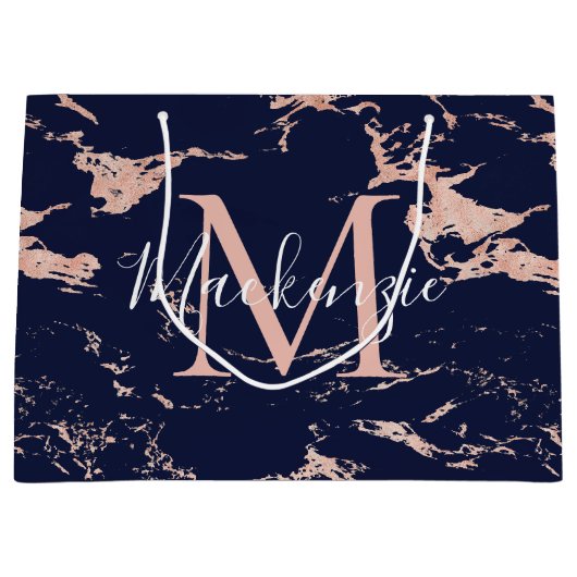 Stijlvolle Navy Blue Marble Roos Gold Folie Monogr Groot Cadeauzakje (Voorkant)