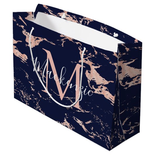 Stijlvolle Navy Blue Marble Roos Gold Folie Monogr Groot Cadeauzakje (Achterkant Gekanteld)