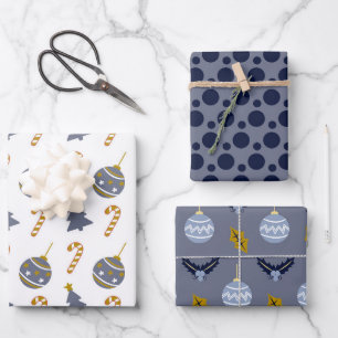 Stijlvolle Navy Spot Christmas Bauble Mix Trio Inpakpapier Vel