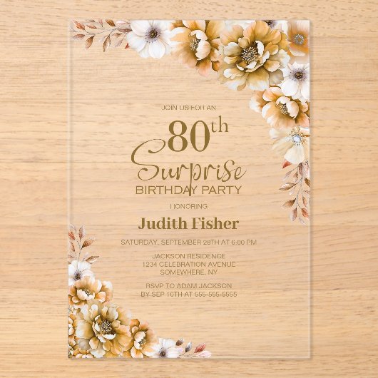 Stijlvolle Oranje Bloemen Verrassing 80ste Verjaar Acryl Uitnodigingen (Voorkant)