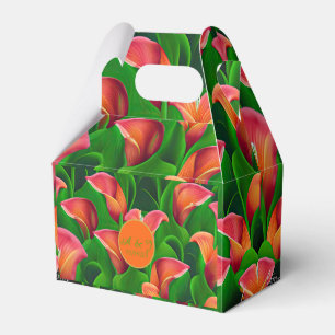 Stijlvolle Oranje Calla Lilies en groene chemicali Bedankdoosjes