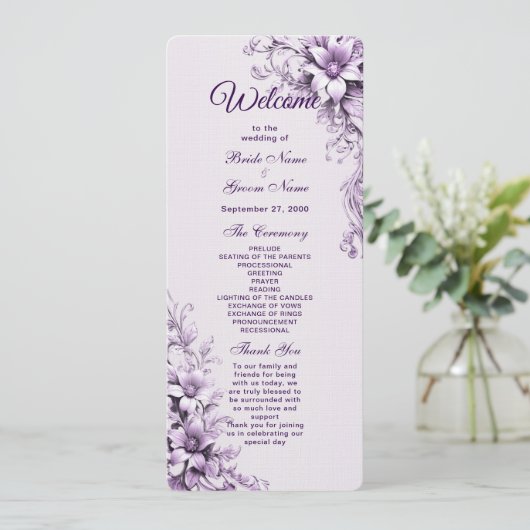 Stijlvolle paarse bloemen bruiloft programma (Staand voorkant)