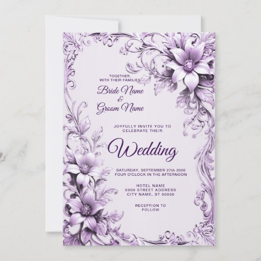 Stijlvolle paarse bloemen bruiloft uitnodiging (Voorkant)