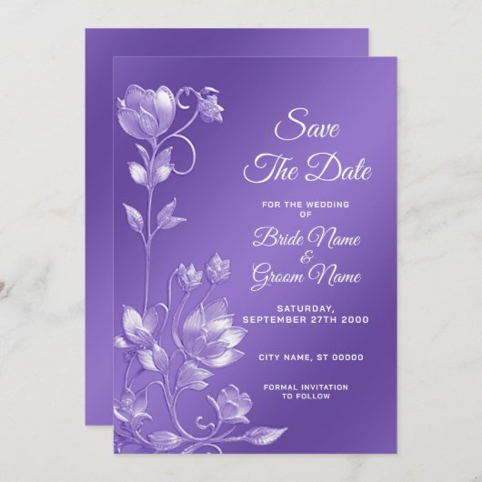 Stijlvolle Paarse bloemen Save the date (Voorkant / Achterkant)