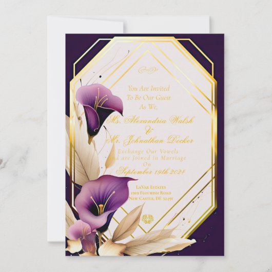 Stijlvolle Paarse Calla Lilly Bloemschrift Bruilof Kaart (Voorkant)