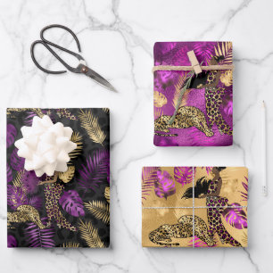 Stijlvolle paarse en gouden luipaard en vrouw safa inpakpapier vel