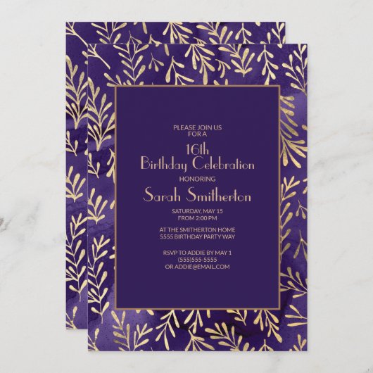 Stijlvolle Paarse gouden bladeren 16e verjaardag Kaart (Voorkant / Achterkant)