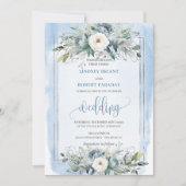 Stijlvolle Pastel Blauw Wit Zilveren Bloemen Huwel Kaart (Voorkant)