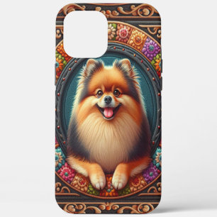 Stijlvolle Pommerse Hond Bloemen Kleurrijke Rand iPhone 12 Pro Max Hoesje