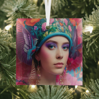 Stijlvolle prinses met bloemenhoed glas ornament
