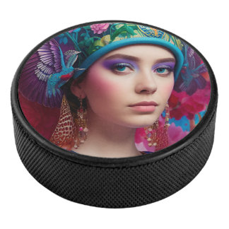 Stijlvolle prinses met bloemenhoed hockey puck