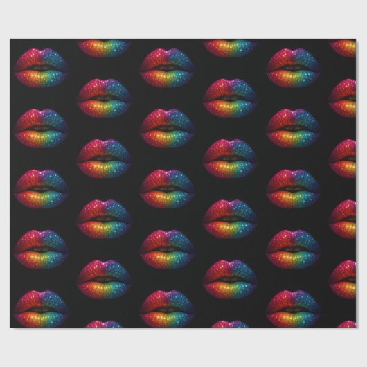 Stijlvolle regenboog glitter lippen patroon zwart cadeaupapier (Vlak)