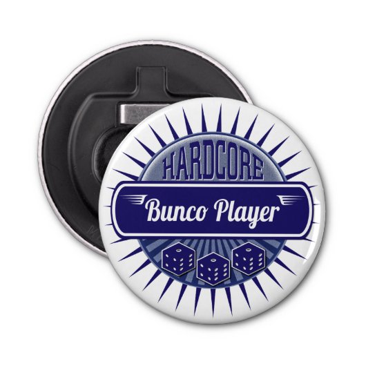 Stijlvolle Retro Bunco Speler Lucky Dice Blue Button Flesopener (Voorkant)