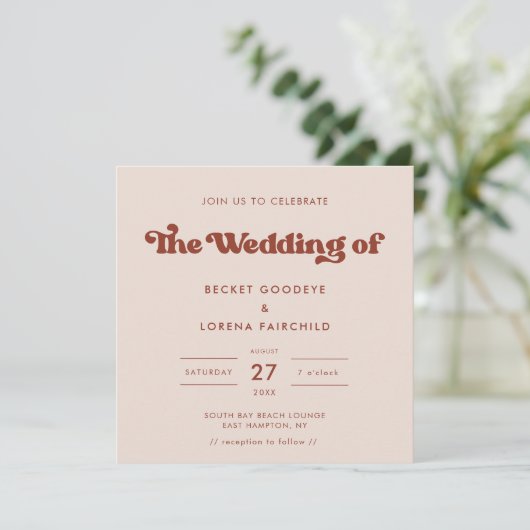 Stijlvolle retro Peach Pink Square bruiloft Kaart (Staand voorkant)