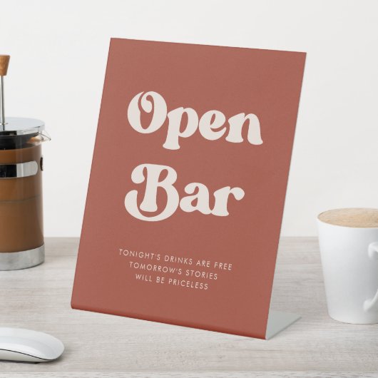 Stijlvolle retro terracotta bruiloft open bar reclamebord met voetstuk (Insitu)