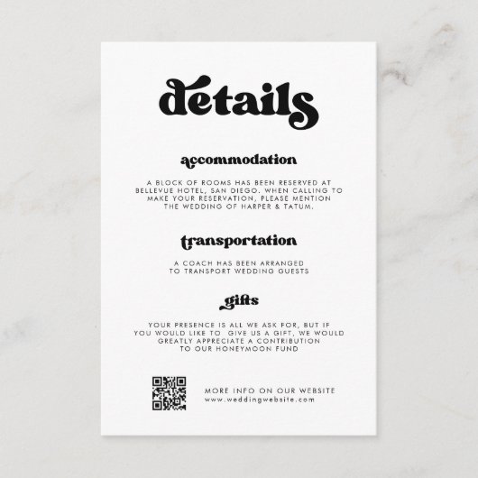 Stijlvolle retro zwart & wit Details QR-code Informatiekaartje (Voorkant)
