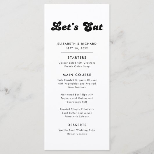 Stijlvolle Retro Zwart & Wit Let's Eat Wedding Menu (Voorkant)