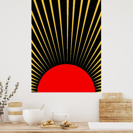 Stijlvolle rode en gele zonnestralen poster (Keuken)