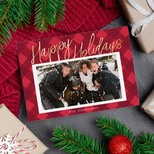 Stijlvolle rode geruite foto folie kerstkaart feestdagenkaart
