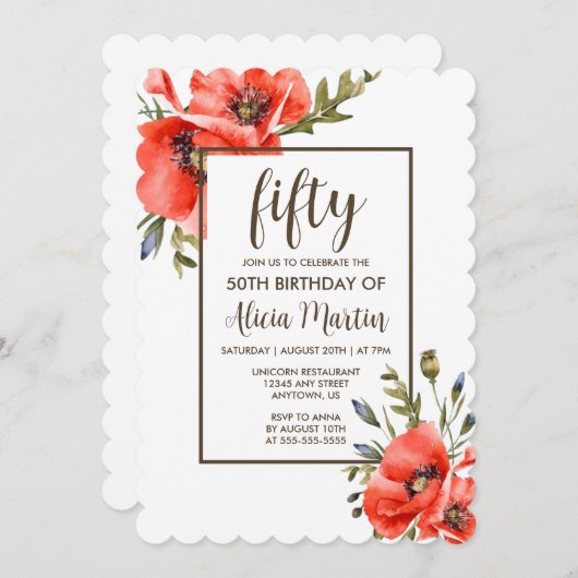 Stijlvolle rode klaproos bloem 50ste verjaardag ui kaart (Voorkant / Achterkant)