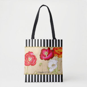Stijlvolle rode papaver Floral Black Stripes met n Tote Bag