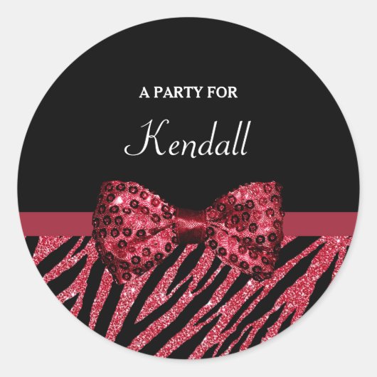Stijlvolle rode zebra print FAUX Glitz Bow met naa Ronde Sticker (Voorkant)