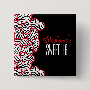 Stijlvolle Rode Zoete 16 Zebra Hart Ontwerp Naam Vierkante Button 5,1 Cm