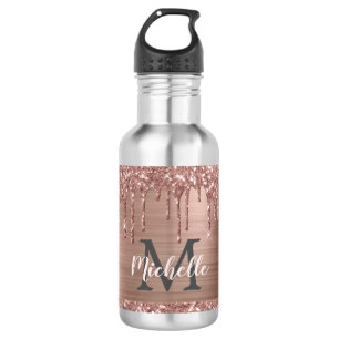 Stijlvolle Roos Gold Glitter Drips Monogrammed Waterfles