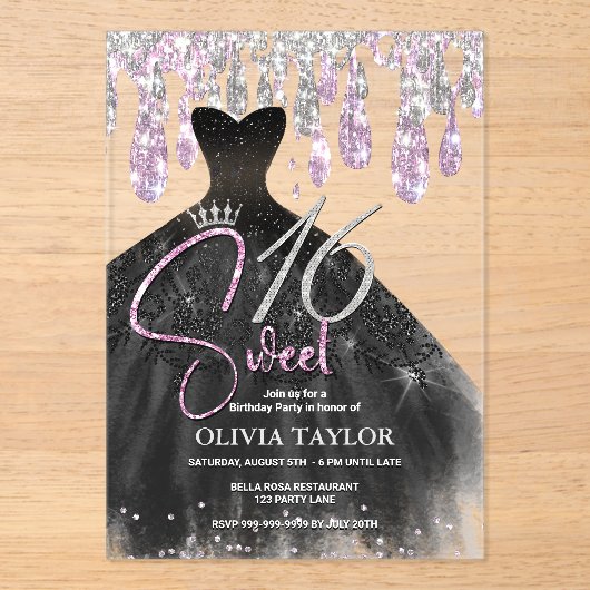 Stijlvolle roos roze zwarte jurk zoet 16 monogram acryl uitnodigingen (Voorkant)