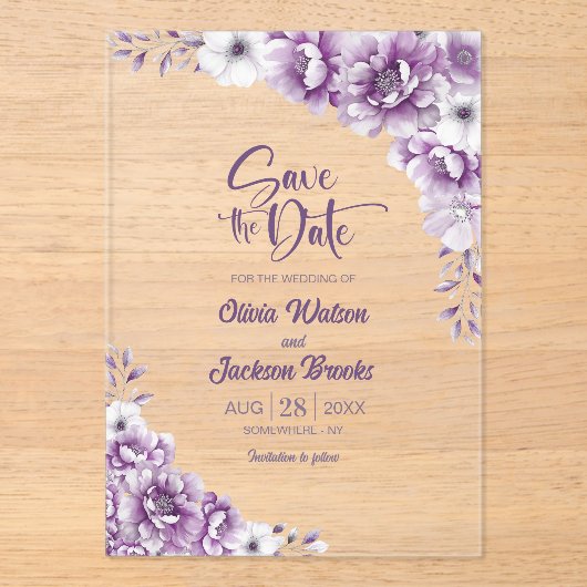 Stijlvolle Roze Bloemen Huwelijk Save the Date Acryl Uitnodigingen (Voorkant)