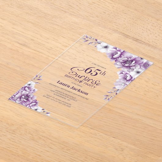 Stijlvolle Roze Bloemen Verrassing 65ste Verjaarda Acryl Uitnodigingen (Laagn)