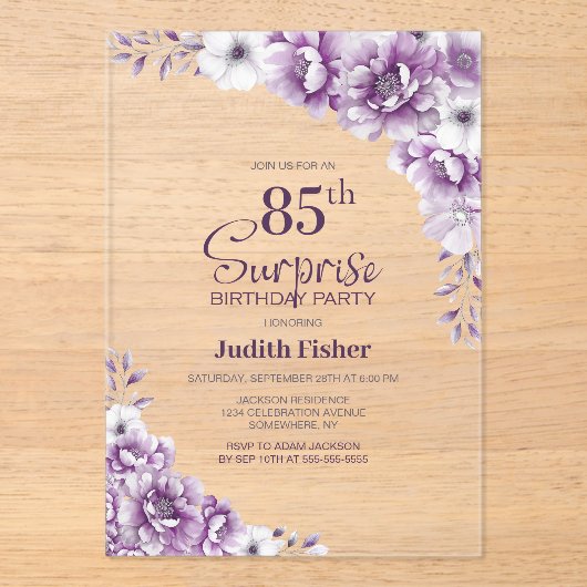Stijlvolle Roze Bloemen Verrassing 85ste Verjaarda Acryl Uitnodigingen (Voorkant)