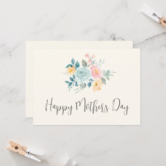 Stijlvolle roze en blauwe bloemenboeket Moederdag Kaart (Voorkant / Achterkant in situ)