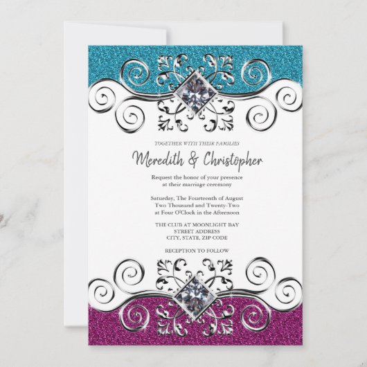 Stijlvolle roze en blauwe glitter Silver Bling Wed Kaart (Voorkant)
