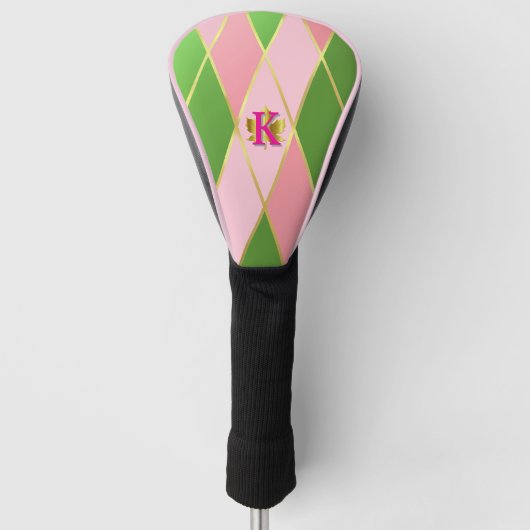 Stijlvolle roze en groene Argyle Driver Golfheadcover (Voorkant)