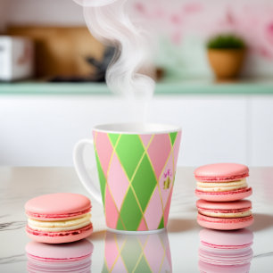 Stijlvolle roze en groene Argyle Monogrammed Latte Mok