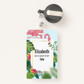 Stijlvolle roze flamingo en tropische bladeren badge (Achterkant met intrekbare)