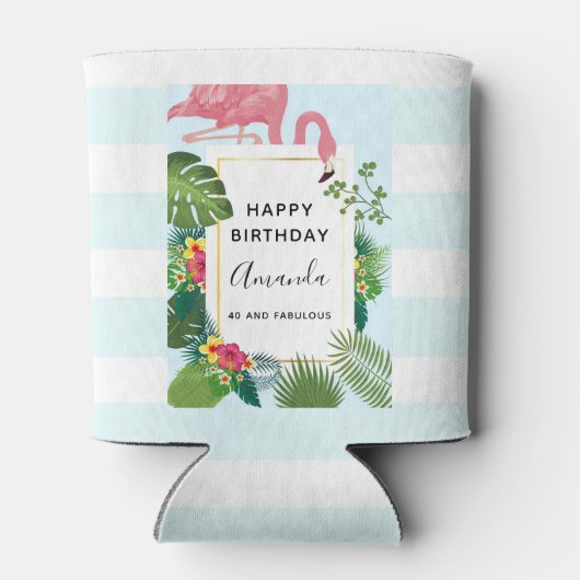 Stijlvolle roze flamingo en tropische bladeren blikjeskoeler (Achterkant)