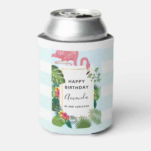 Stijlvolle roze flamingo en tropische bladeren blikjeskoeler (Blikje Achterkant)