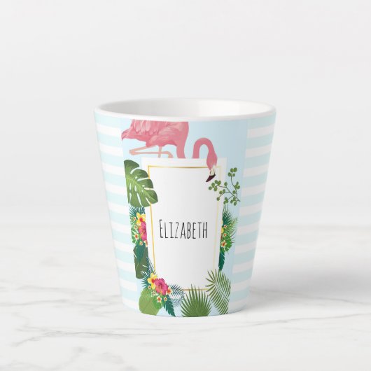 Stijlvolle roze flamingo en tropische bladeren latte mok (Voorkant)