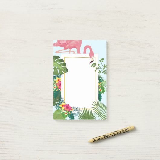 Stijlvolle roze flamingo en tropische bladeren post-it® notes (Op bureau)
