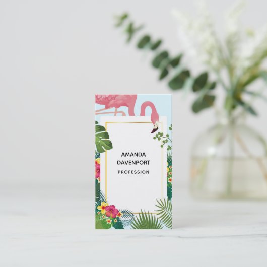Stijlvolle roze flamingo en tropische bladeren visitekaartje (Staand voorkant)