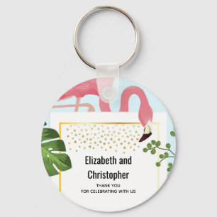 Stijlvolle roze flamingo en tropische bladeren Wed Sleutelhanger