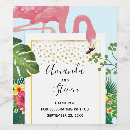 Stijlvolle roze flamingo en tropische bladeren Wed Wijn Etiket (Enkel label)